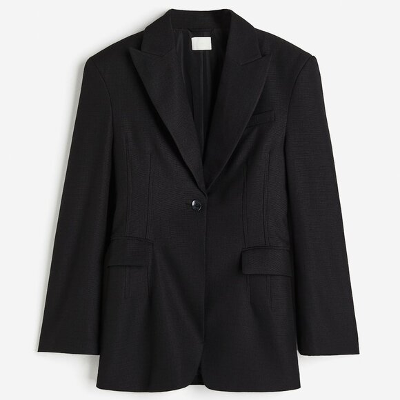 Women's Black Tapered-Waist Long Blazer - Picture 1 of 4